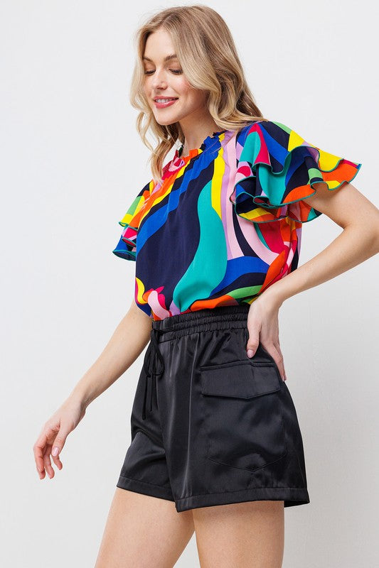 MULTI COLOR PRINT RUFFLE SHORT SLEEVE TOP