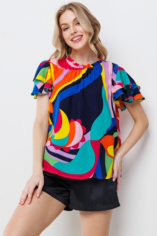 MULTI COLOR PRINT RUFFLE SHORT SLEEVE TOP