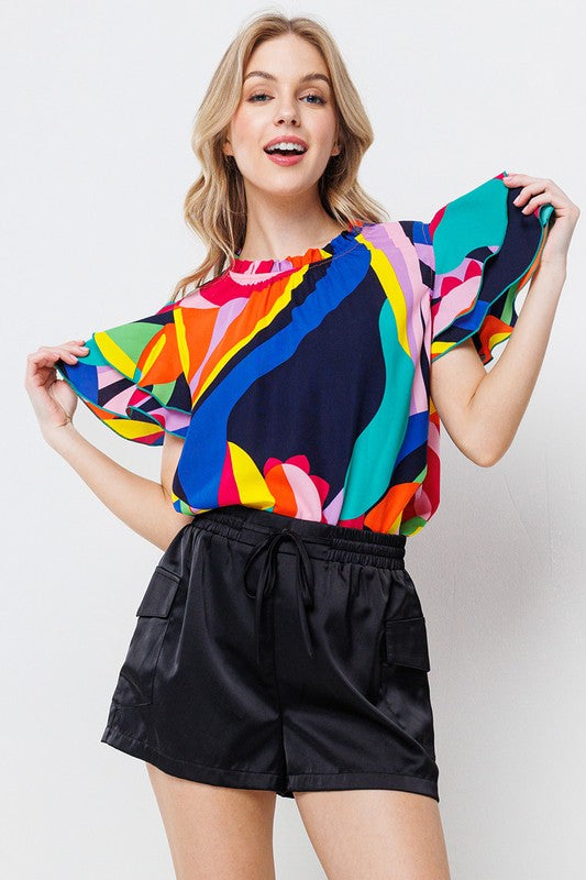 MULTI COLOR PRINT RUFFLE SHORT SLEEVE TOP