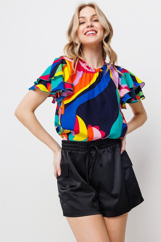 MULTI COLOR PRINT RUFFLE SHORT SLEEVE TOP