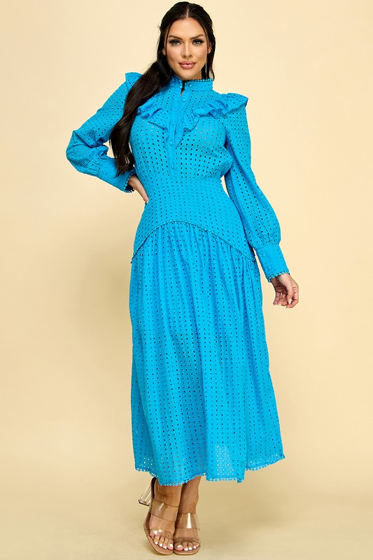 EYELET BUTTON DOWN MAXI DRESS