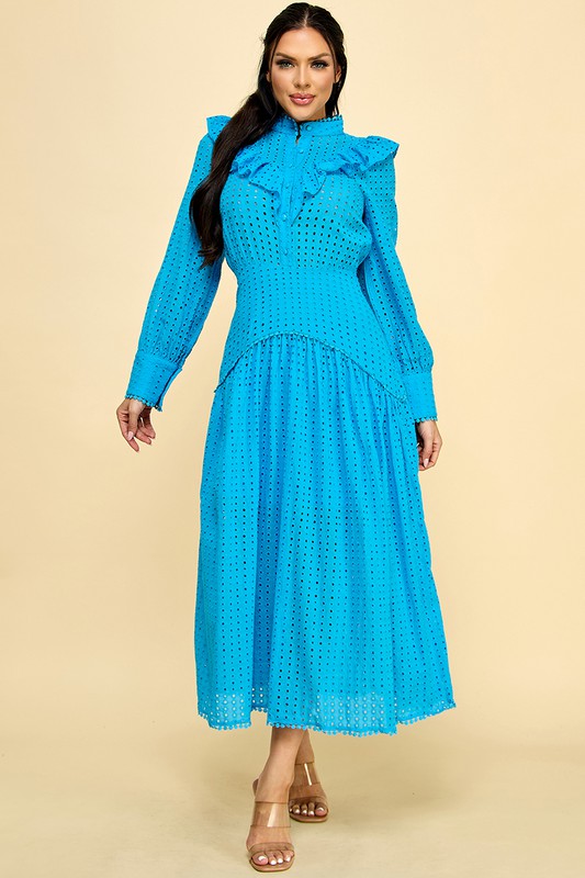 EYELET BUTTON DOWN MAXI DRESS