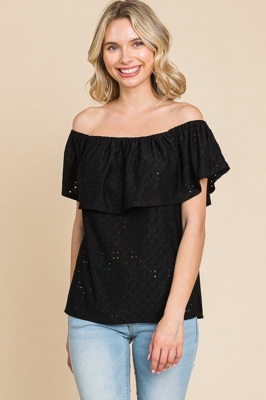 OFF SHOULDER RUFFLE EYELET TOP