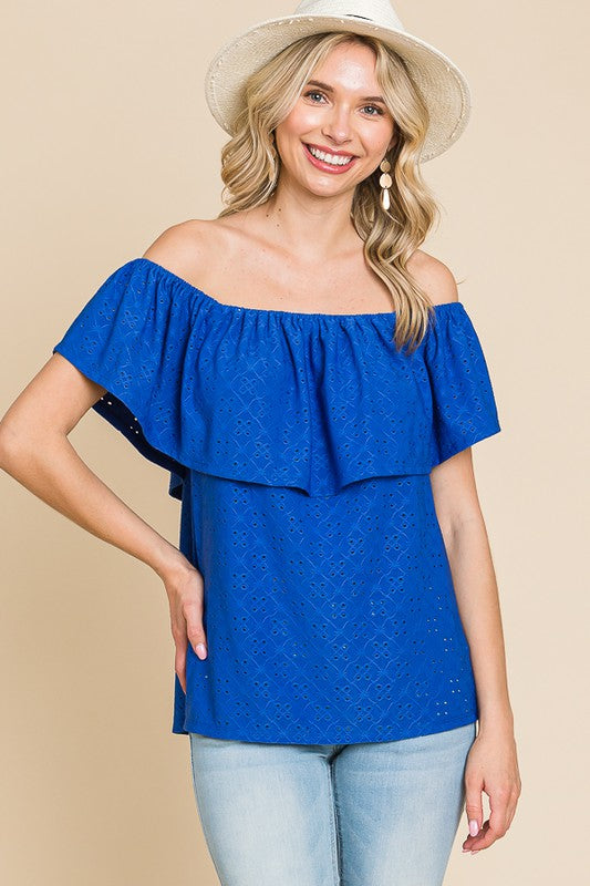 OFF SHOULDER RUFFLE EYELET TOP