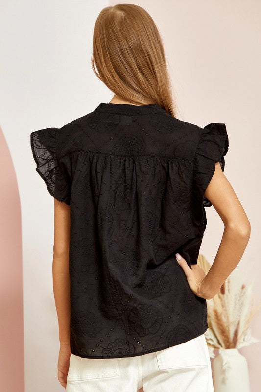 EYELETS SPLIT NECK BLOUSE