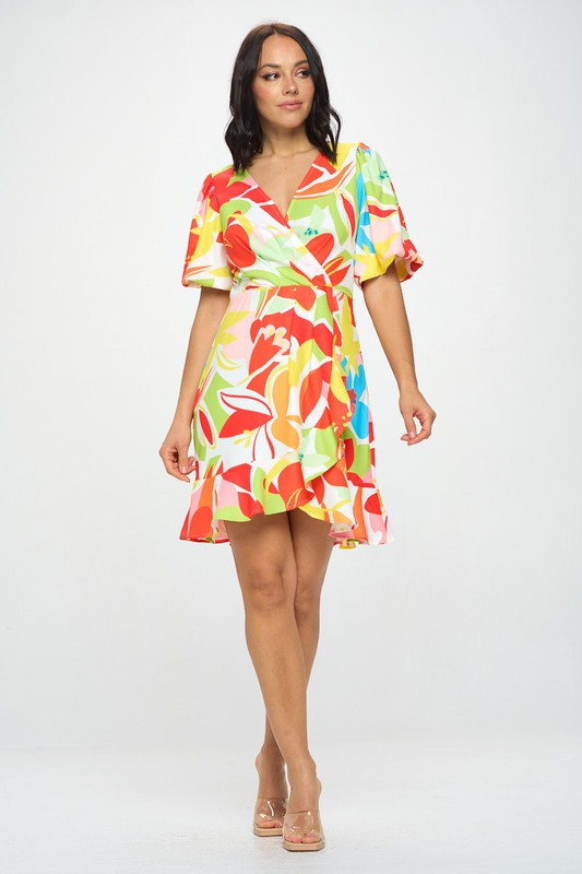 BUBBLE SLEEVE PRINT DRESS