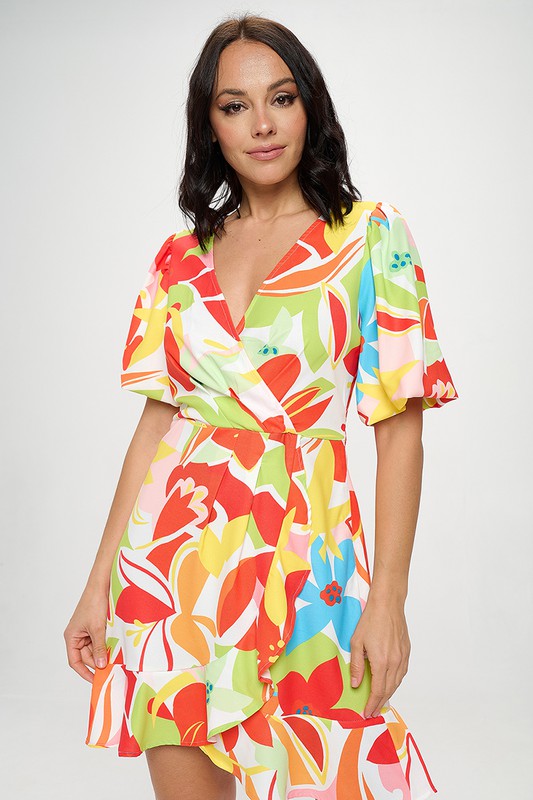 BUBBLE SLEEVE PRINT DRESS