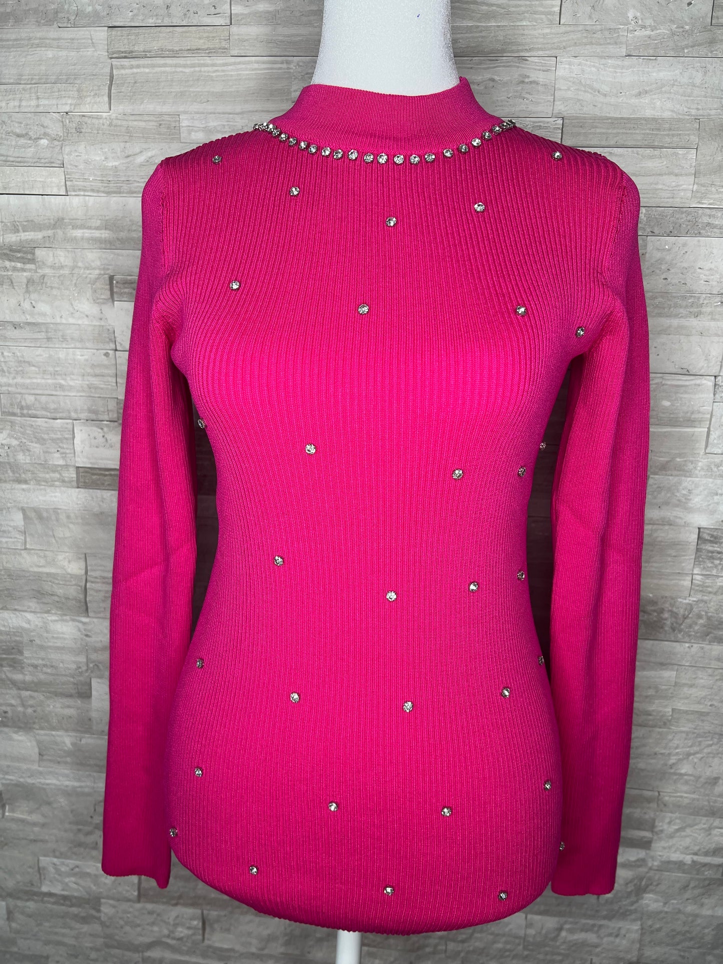 RIBBED KNIT RHINESTONE SWEATER