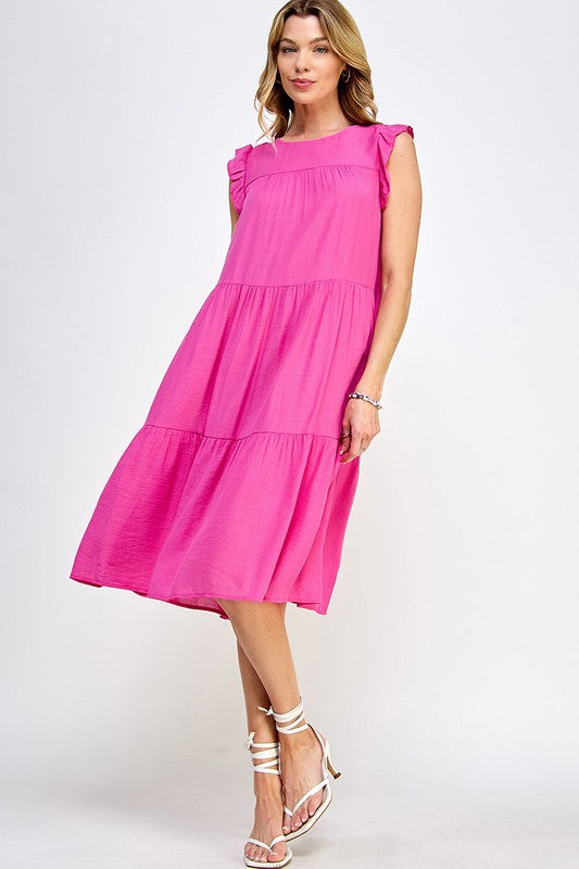 HOT PINK TIERED MIDI DRESS