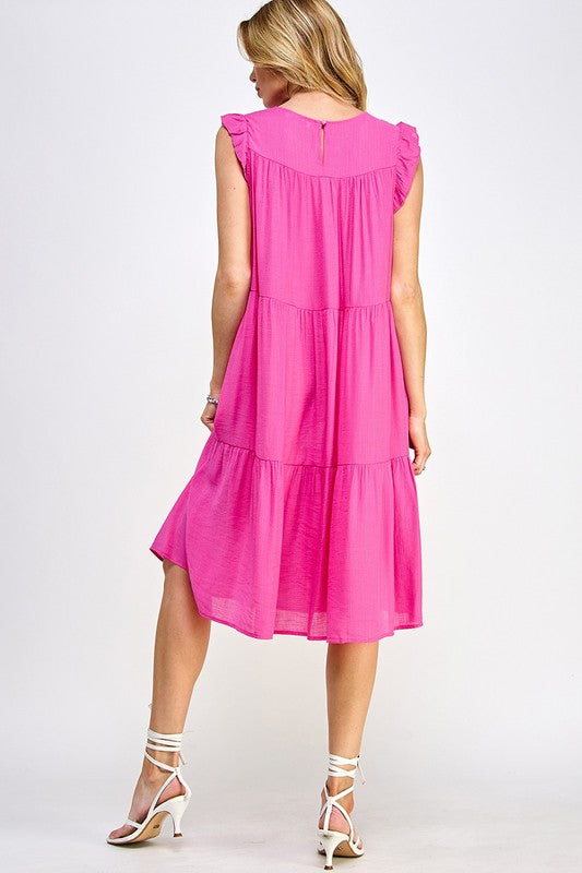 HOT PINK TIERED MIDI DRESS