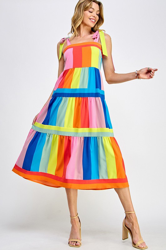 MULTICOLORED STRIPE PRINT MIDI DRESS