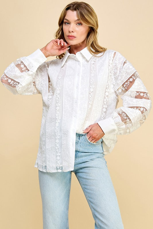 EYELET CROCHET FLORAL BUTTONED TOP