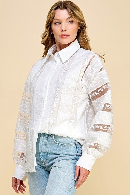 EYELET CROCHET FLORAL BUTTONED TOP