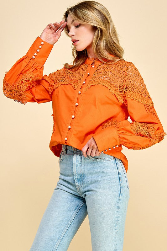 LACE SLEEVES BUTTON DOWN TOP