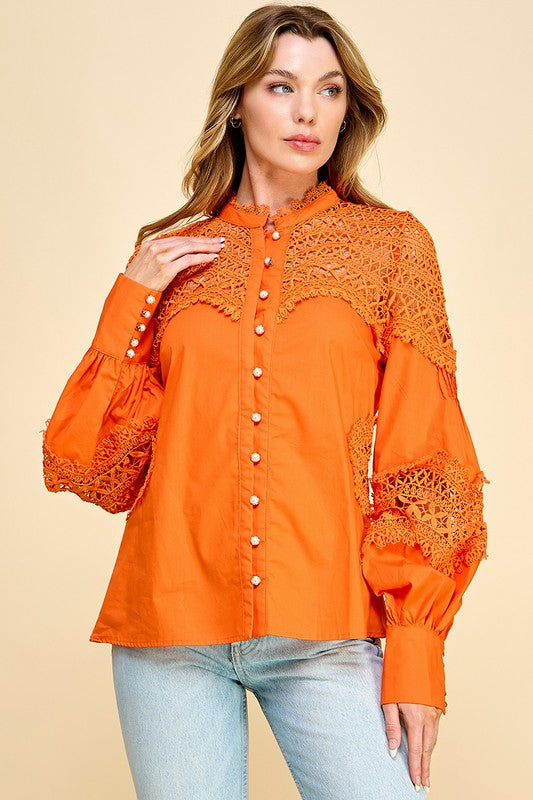 LACE SLEEVES BUTTON DOWN TOP