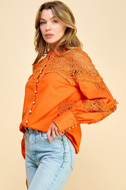 LACE SLEEVES BUTTON DOWN TOP