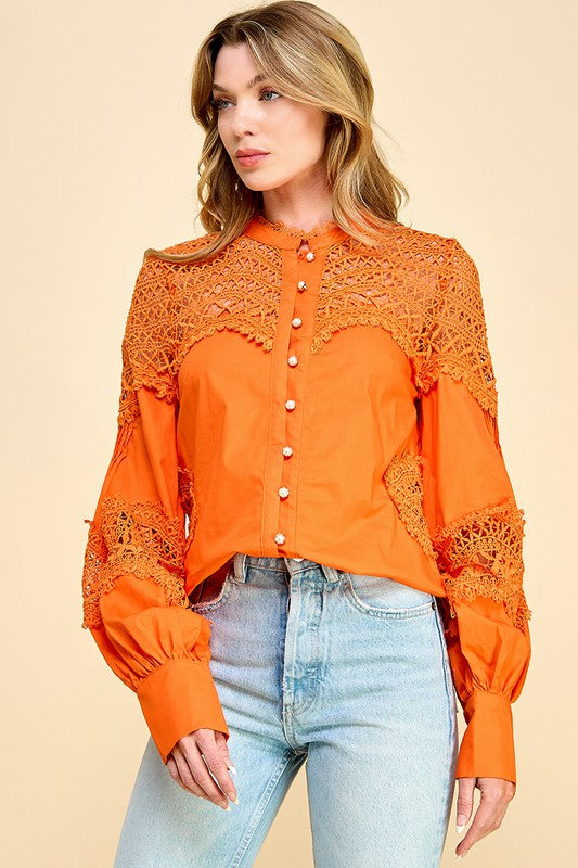 LACE SLEEVES BUTTON DOWN TOP