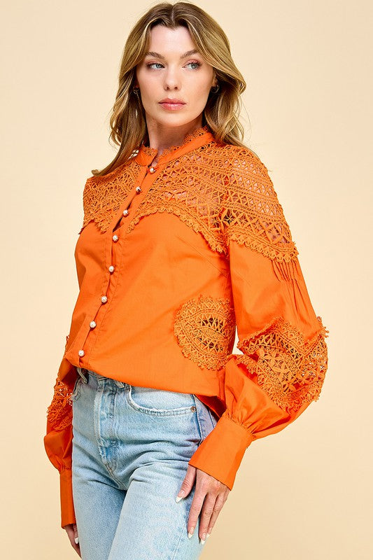 LACE SLEEVES BUTTON DOWN TOP