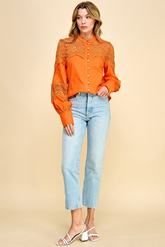 LACE SLEEVES BUTTON DOWN TOP