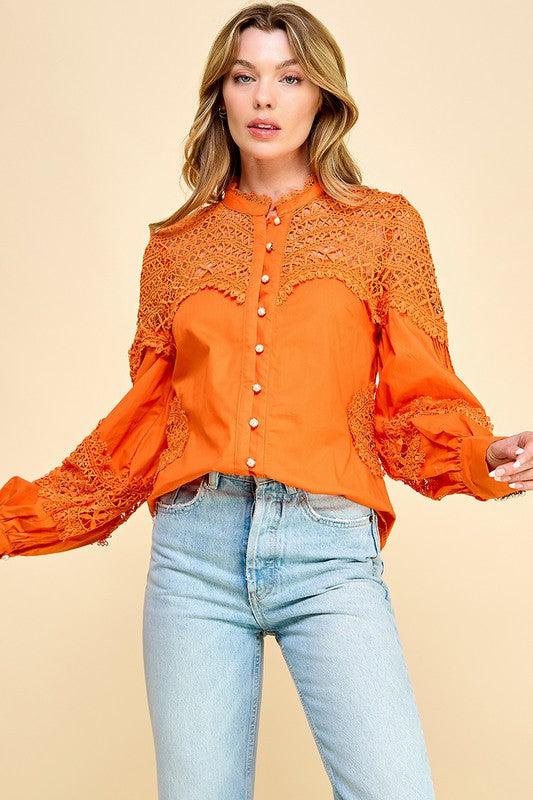 LACE SLEEVES BUTTON DOWN TOP