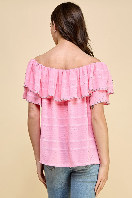 OFF SHOULDER RUFFLE TOP WITH RHINESTONES AND PEARLS