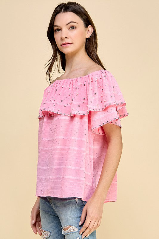 OFF SHOULDER RUFFLE TOP WITH RHINESTONES AND PEARLS