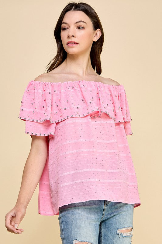 OFF SHOULDER RUFFLE TOP WITH RHINESTONES AND PEARLS