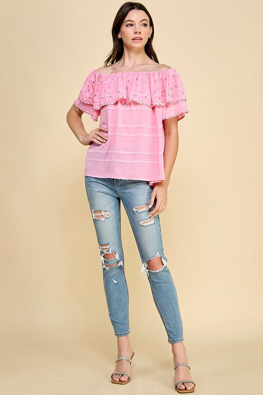 OFF SHOULDER RUFFLE TOP WITH RHINESTONES AND PEARLS