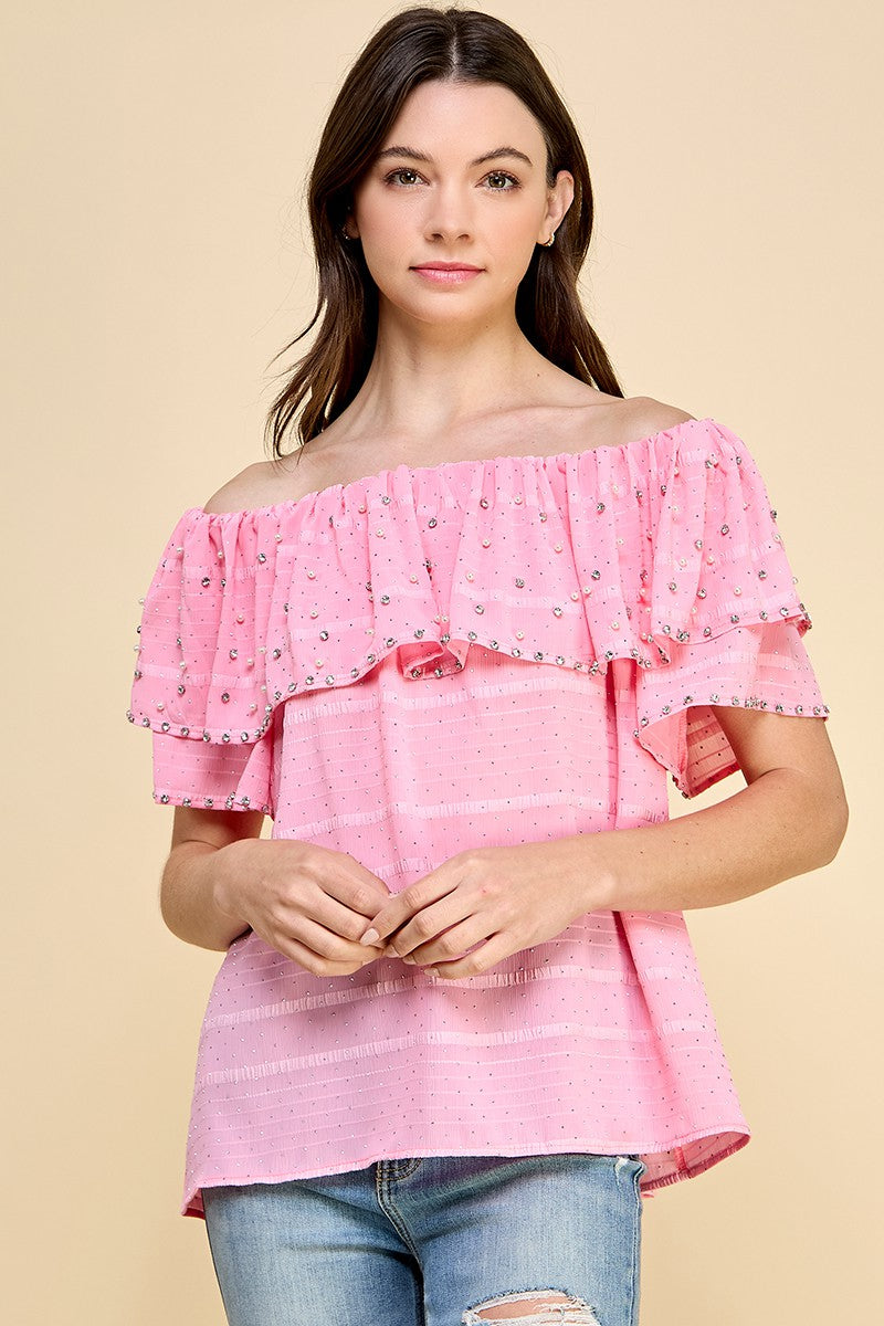 OFF SHOULDER RUFFLE TOP WITH RHINESTONES AND PEARLS