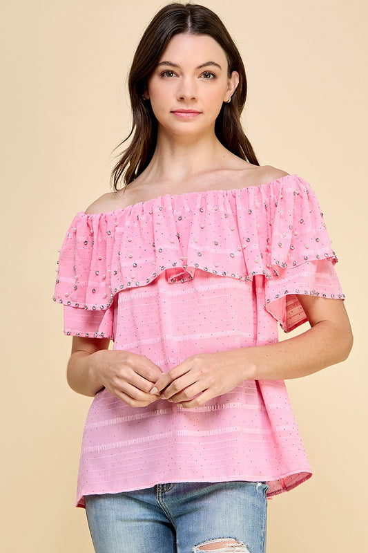 OFF SHOULDER RUFFLE TOP WITH RHINESTONES AND PEARLS