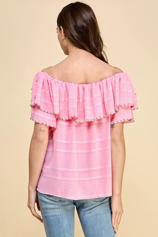 OFF SHOULDER RUFFLE TOP WITH RHINESTONES AND PEARLS