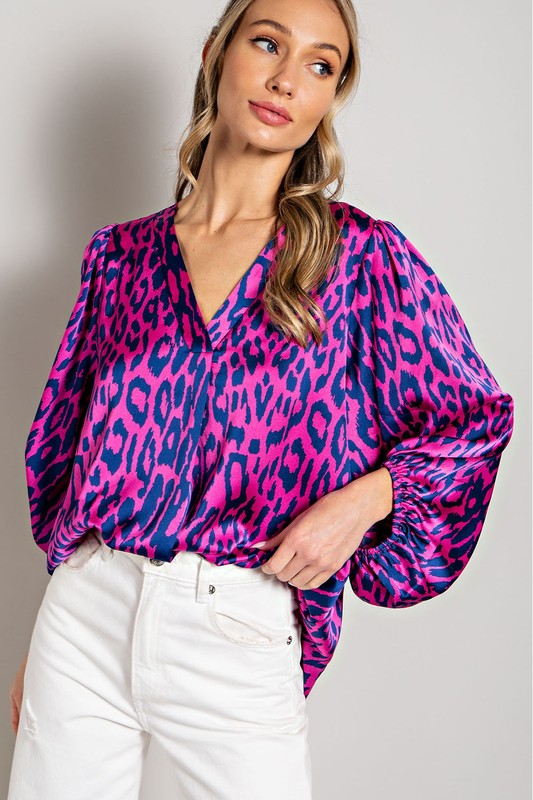 LEOPARD PATTERN V NECK LONG SLEEVE TOP