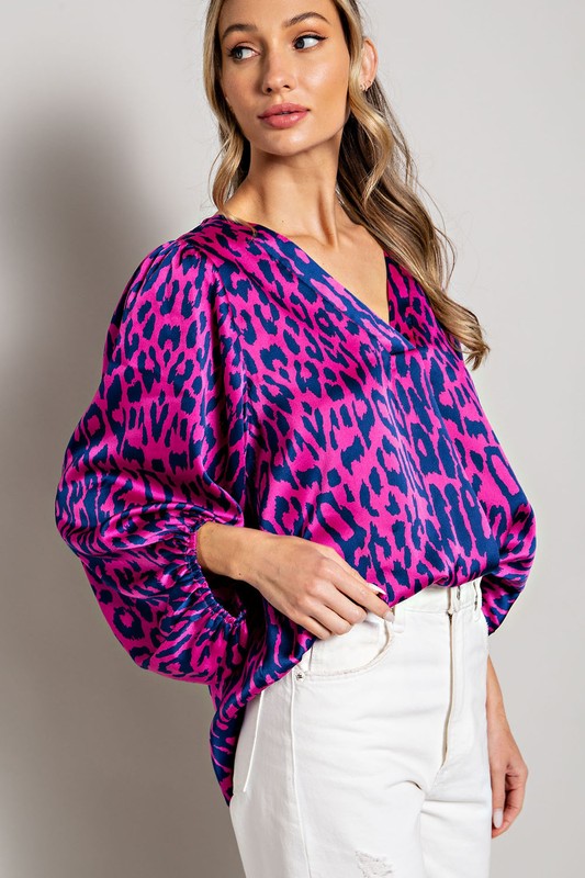 LEOPARD PATTERN V NECK LONG SLEEVE TOP