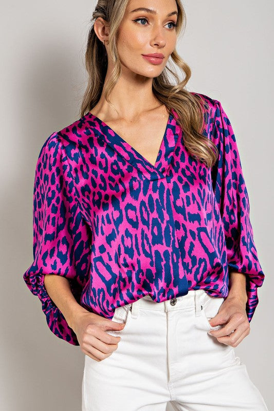 LEOPARD PATTERN V NECK LONG SLEEVE TOP