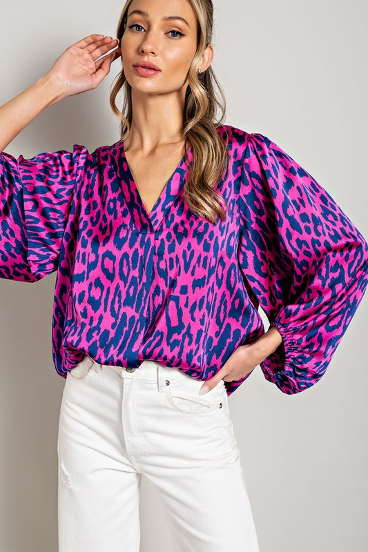 LEOPARD PATTERN V NECK LONG SLEEVE TOP