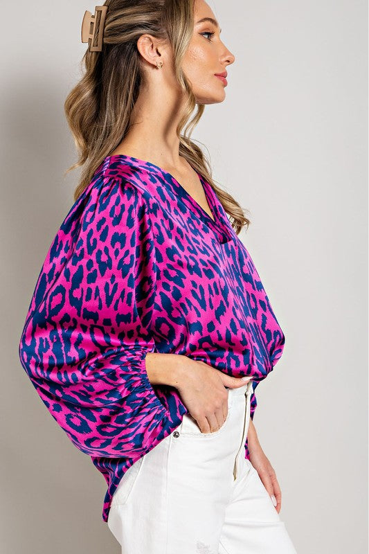 LEOPARD PATTERN V NECK LONG SLEEVE TOP