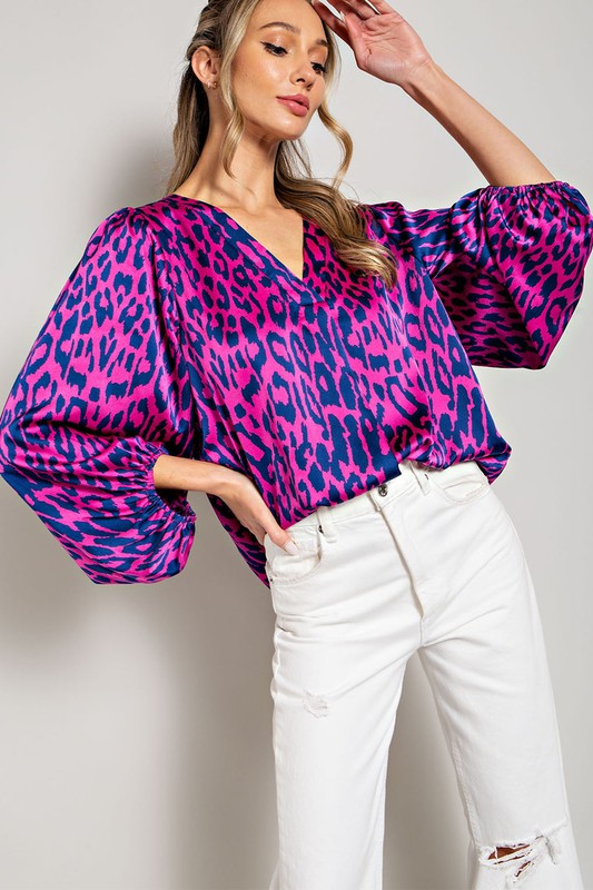 LEOPARD PATTERN V NECK LONG SLEEVE TOP