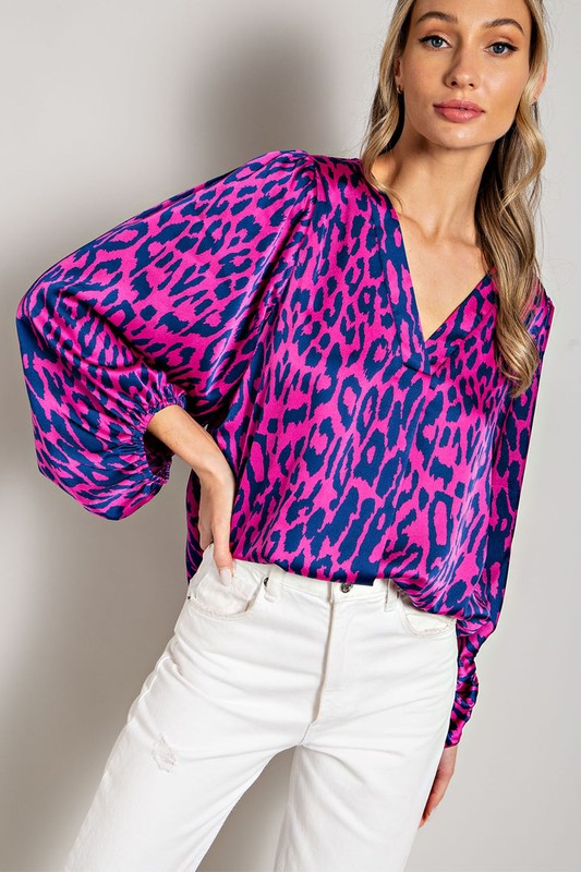 LEOPARD PATTERN V NECK LONG SLEEVE TOP