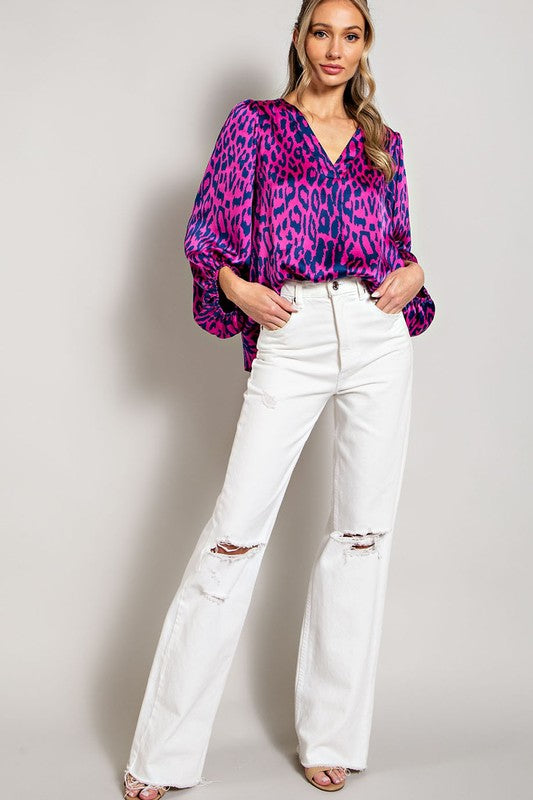 LEOPARD PATTERN V NECK LONG SLEEVE TOP