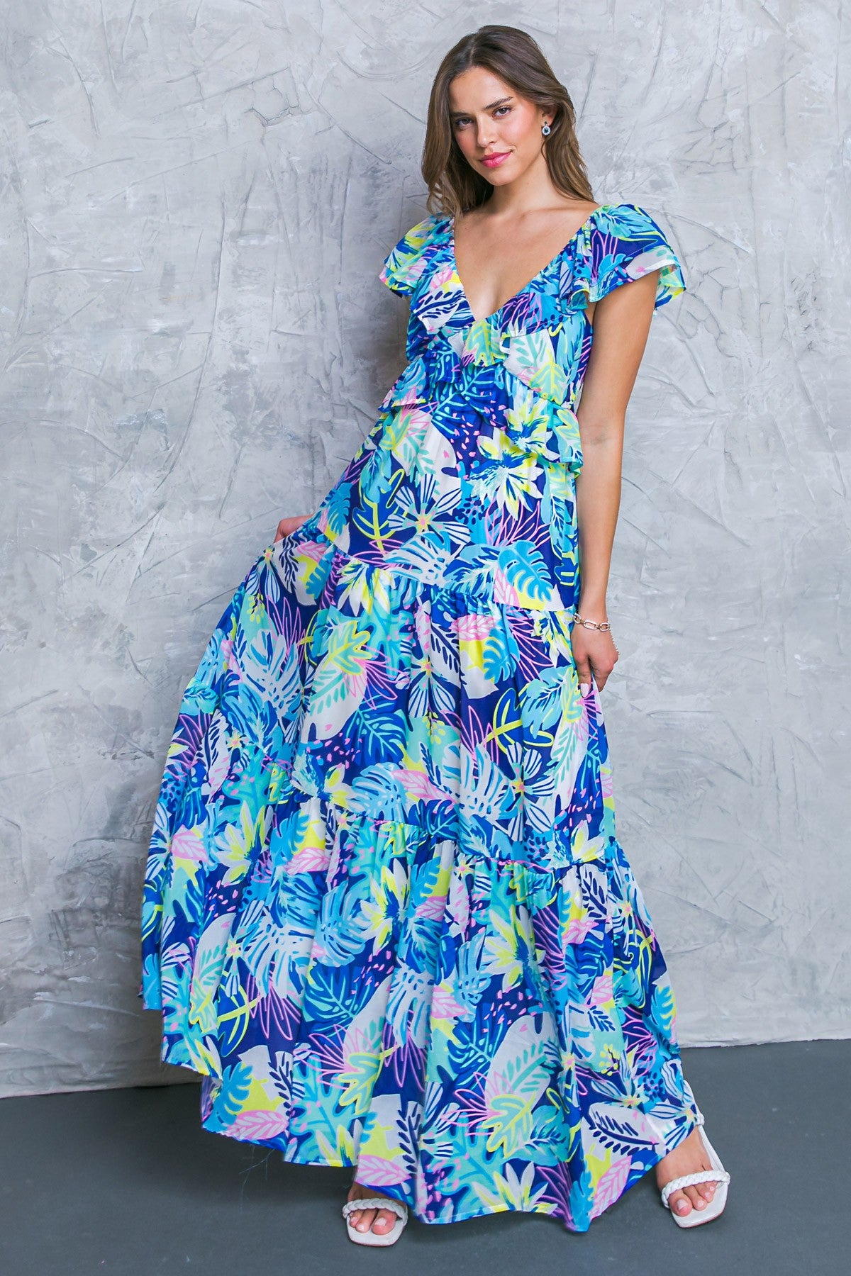 PRINTED RUFFLES MAXI DRESS