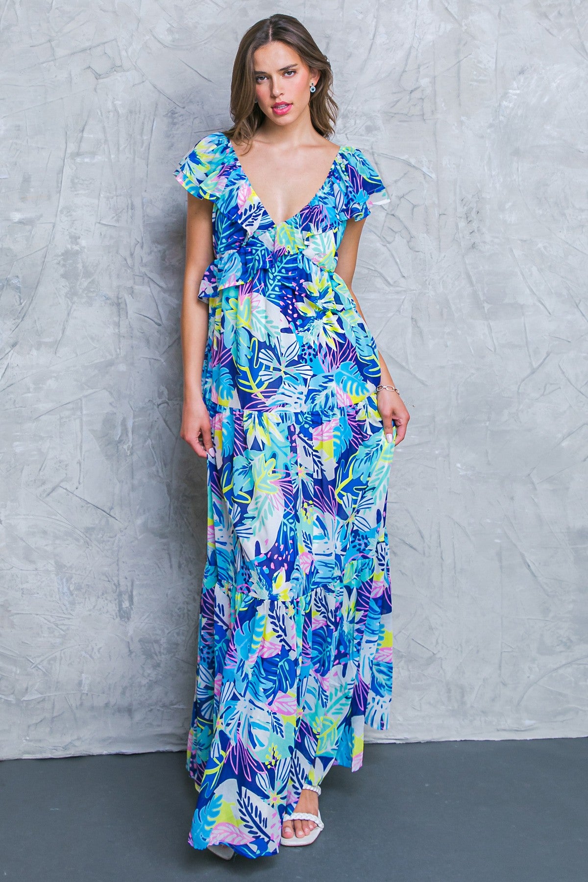 PRINTED RUFFLES MAXI DRESS