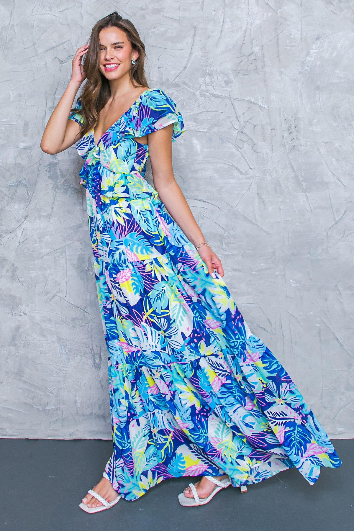 PRINTED RUFFLES MAXI DRESS