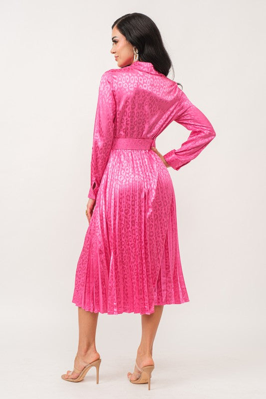 SATIN LONG SLEEVE PLEATED DRESS