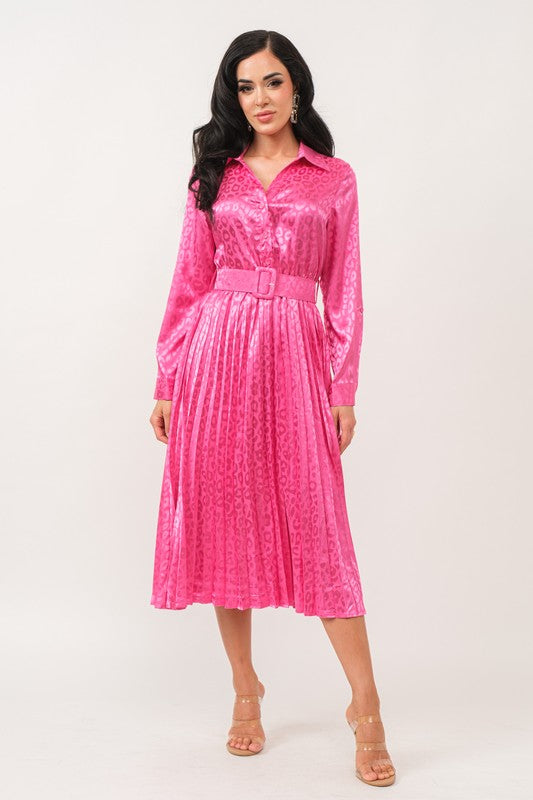 SATIN LONG SLEEVE PLEATED DRESS