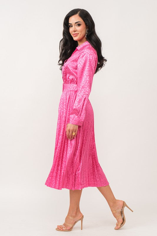 SATIN LONG SLEEVE PLEATED DRESS