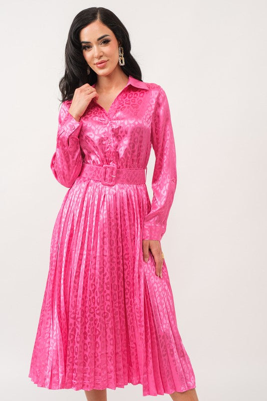 SATIN LONG SLEEVE PLEATED DRESS