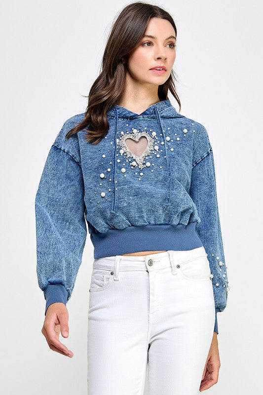 DENIM HOODIE RHINESTONE JACKET