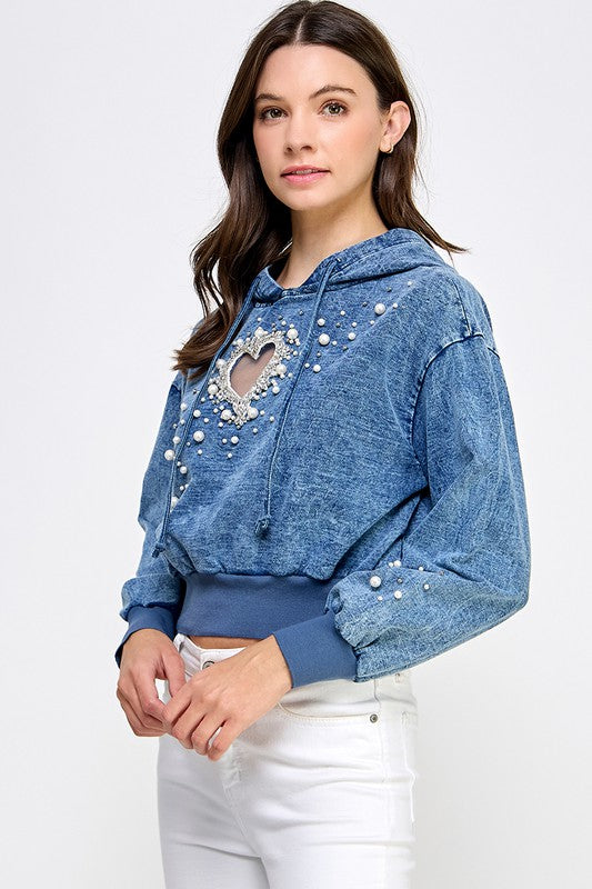 DENIM HOODIE RHINESTONE JACKET