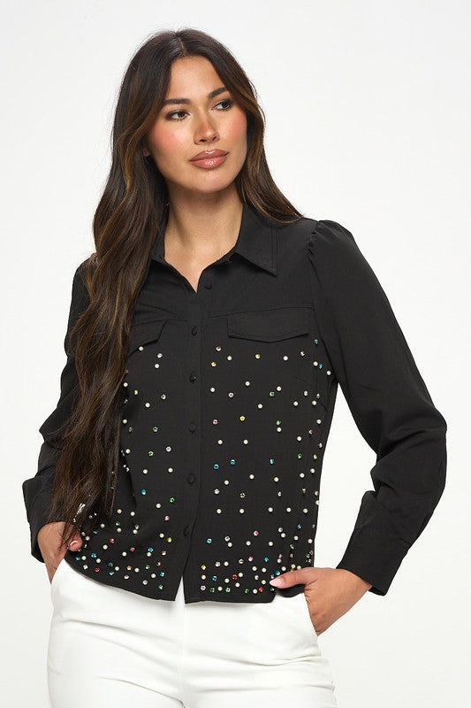 EMBELLISHED BUTTON DOWN BLOUSE