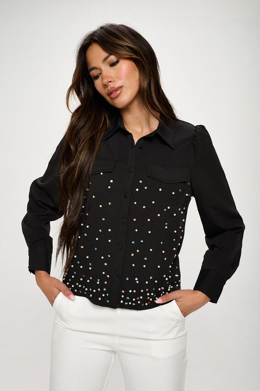 EMBELLISHED BUTTON DOWN BLOUSE